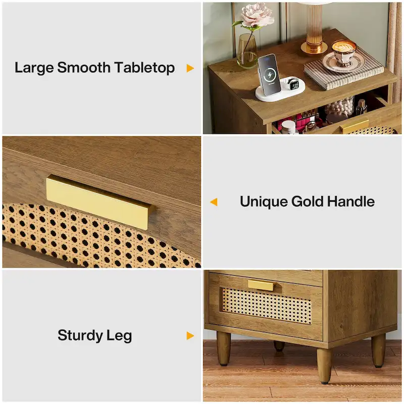 Green Wood Nightstand with Rattan Accents - 3 Drawer (20