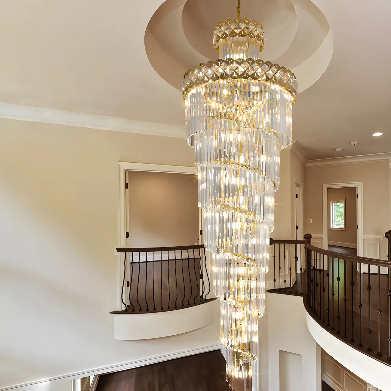 Luxurious Gold Spiral Crystal Round Tier Stairwell Chandelier