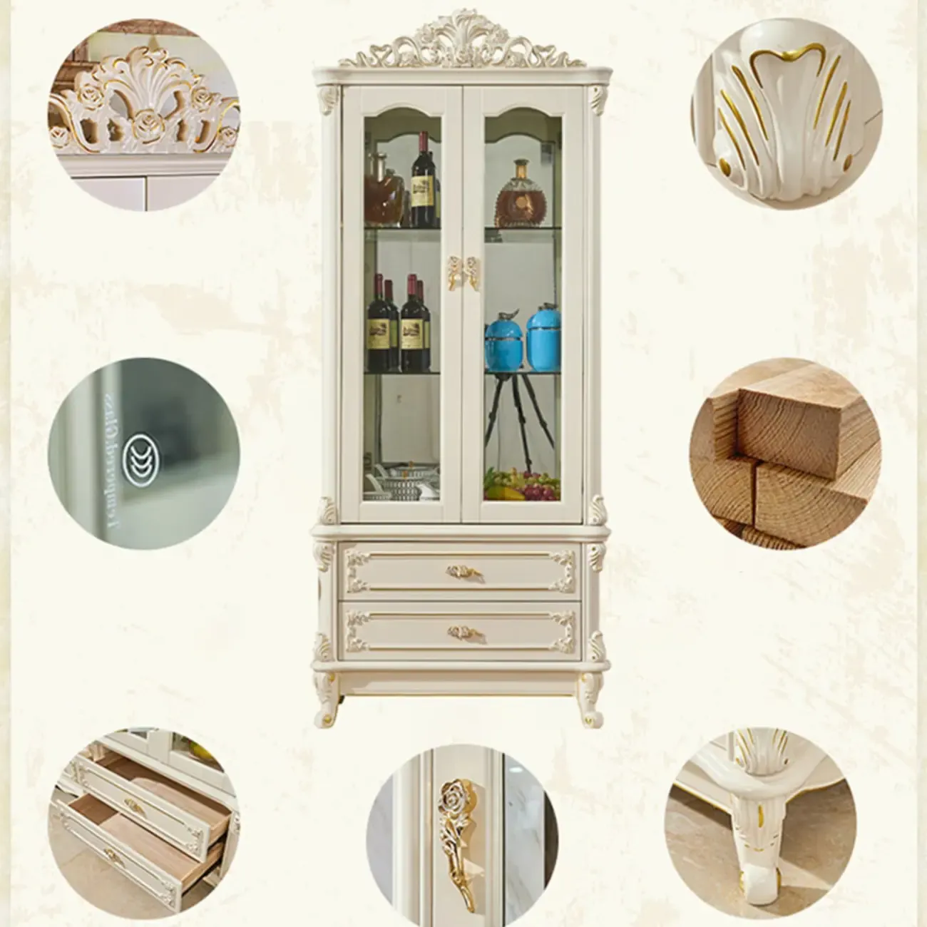 Glam White Wooden Glass Curio Cabinet with Drawers