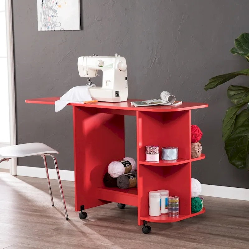 Farmhouse Red Foldable Rolling Sewing Table with Side Shelves