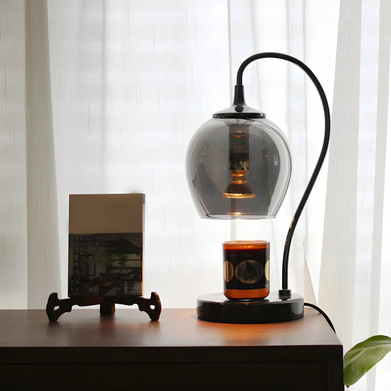 Modern Black Metal Glass Globe Table Lamp with Cup Holder Base
