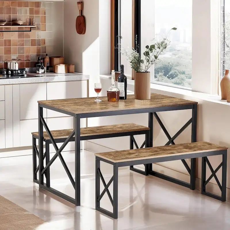 VECELO 3-pieces Dining Table with Bench, Dinning Room Table Set for 4-6, Kitchen Table with 2 Benches Dining Table Set