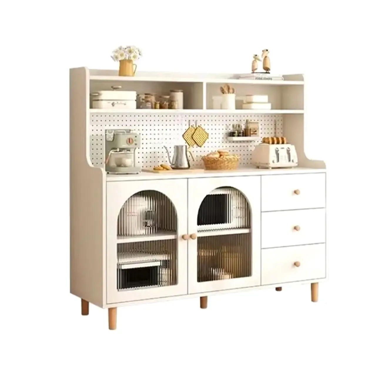 Kitchen Natural Wood Open Shelving 3-Drawer Sideboard