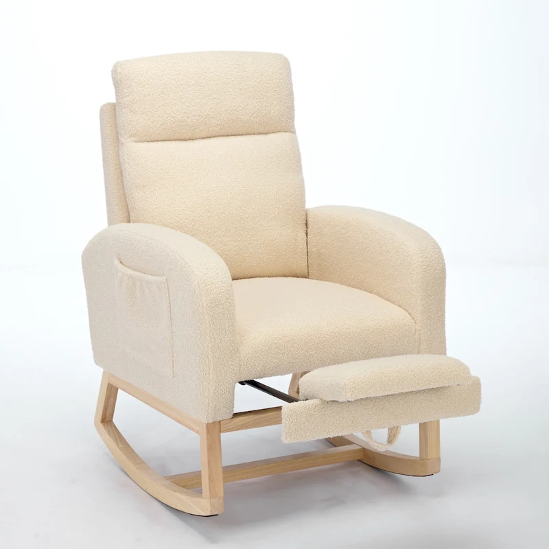 Modern 29.5 High Back Upholstered Rocking Chair with Solid Wood Legs and Adjustable Footrest