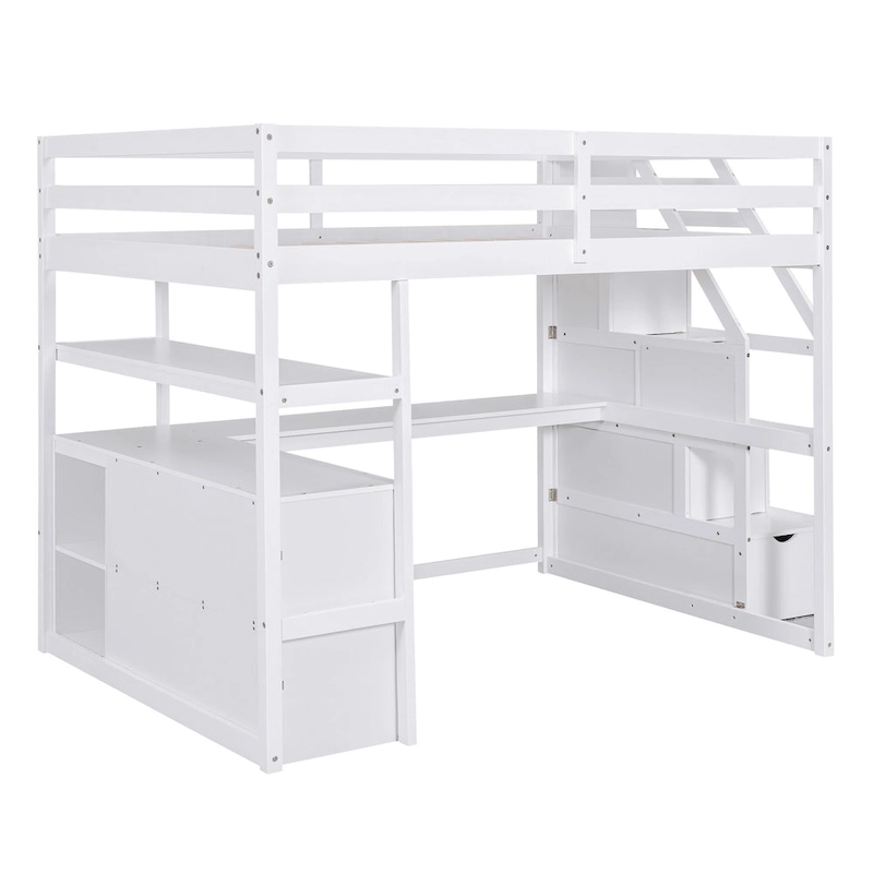 White Full Pine Loft Bed with Desk and Storage