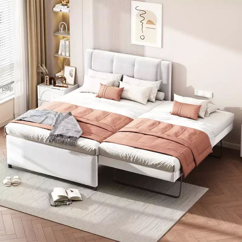 Full Size Linen Upholstered Platform Bed with Trundle, Trundle Can Be Flat or Erected, 4Q -ModernLuxe