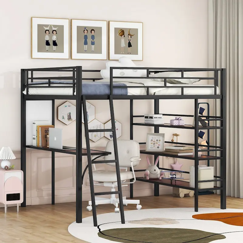 Twin Metal Loft Bed with Integrated Desk
