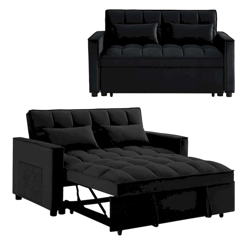 Convertible Sleeper Loveseat, 3-Position Backrest, Velvet, Foam, Side Pockets, USB, Seats 2/Twin Bed, Blue/Black/Grey