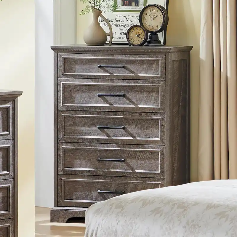 Brown / Black / Grey / White Rustic 5-Drawer Dresser with Metal Handles – Single Unit
