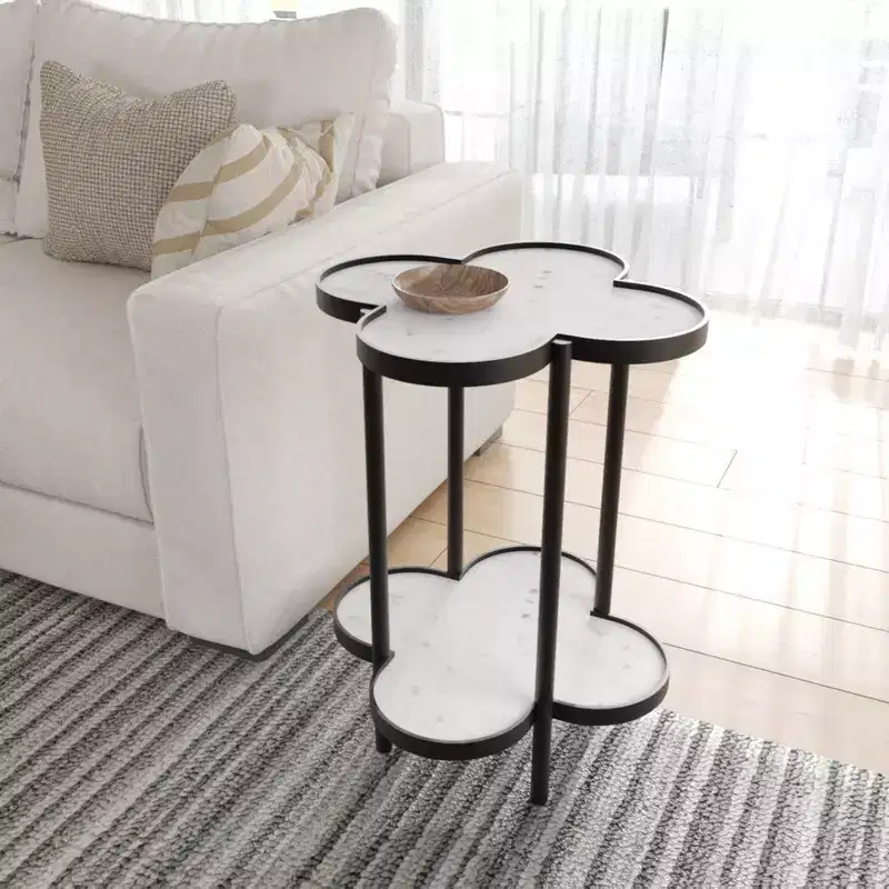 Side End Table, Genuine Marble Clover Shape Top With Iron Frame