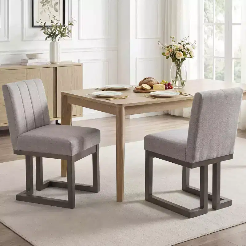 Beige+Gray / Walnut Farmhouse Upholstered Dining Chair, Armless, 2/4 PCS