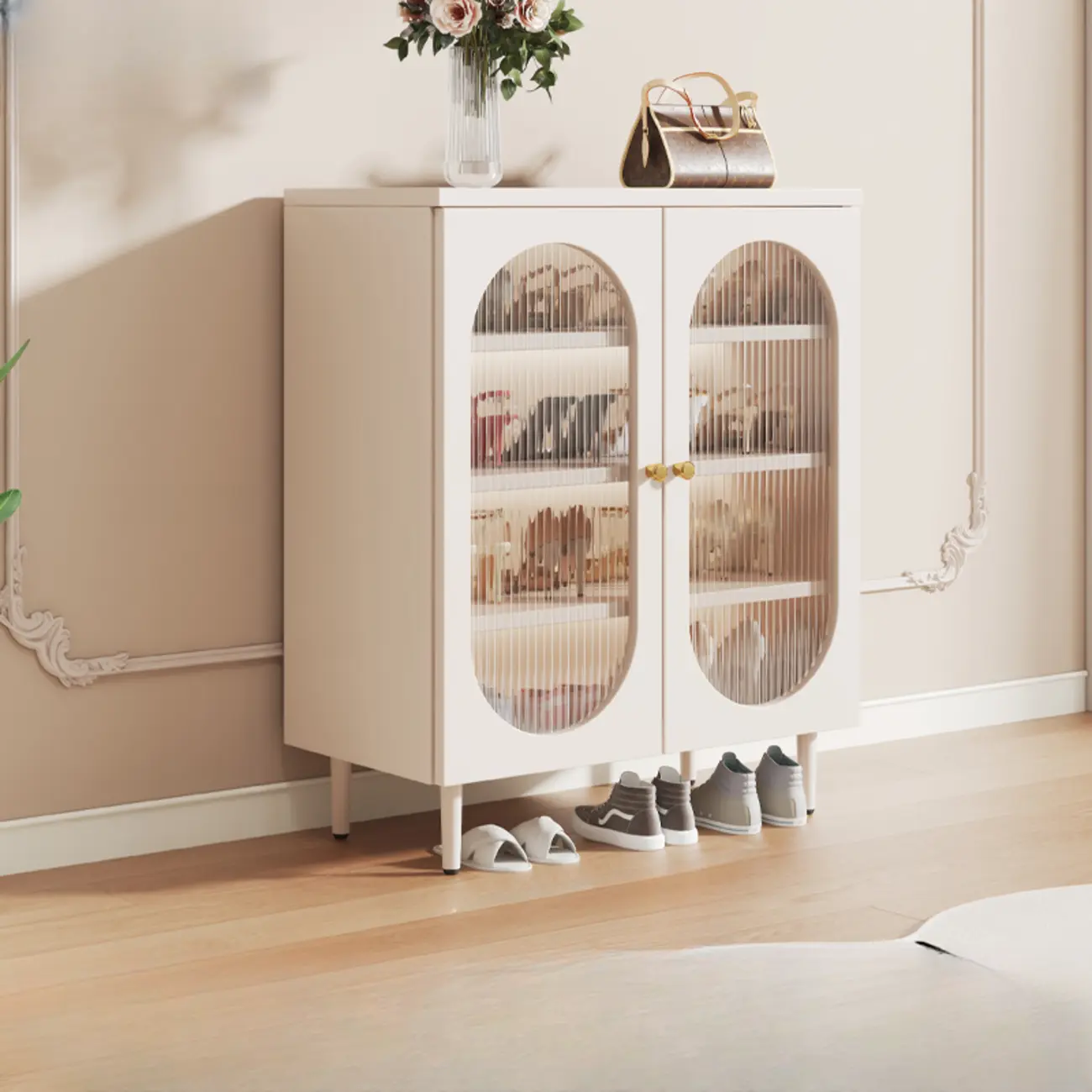 Modern White Wood Entryway Shoe Cabinet with Doors
