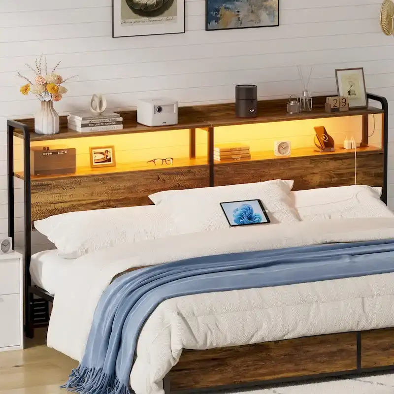 Headboard with Storage Drawers and LED Light, Head Board with Outlets, USB Ports