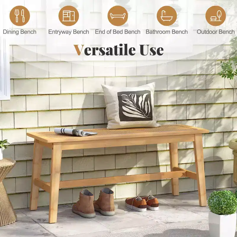 Costway 39.5 Bamboo Dining Bench with Handwoven Rattan Seat, Wooden Entryway Bench