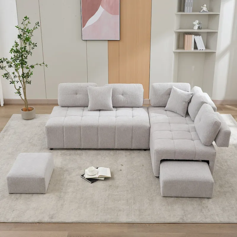 91.73 L-Shaped 4 Seater Sectional Sofa with 2 Hidden Stools, 2 Removable Lumbar Pillows, and Durable Chenille Upholstery