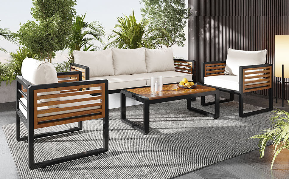 Metal and Wood Frame 4-pieces Outdoor Furniture Sofa Set