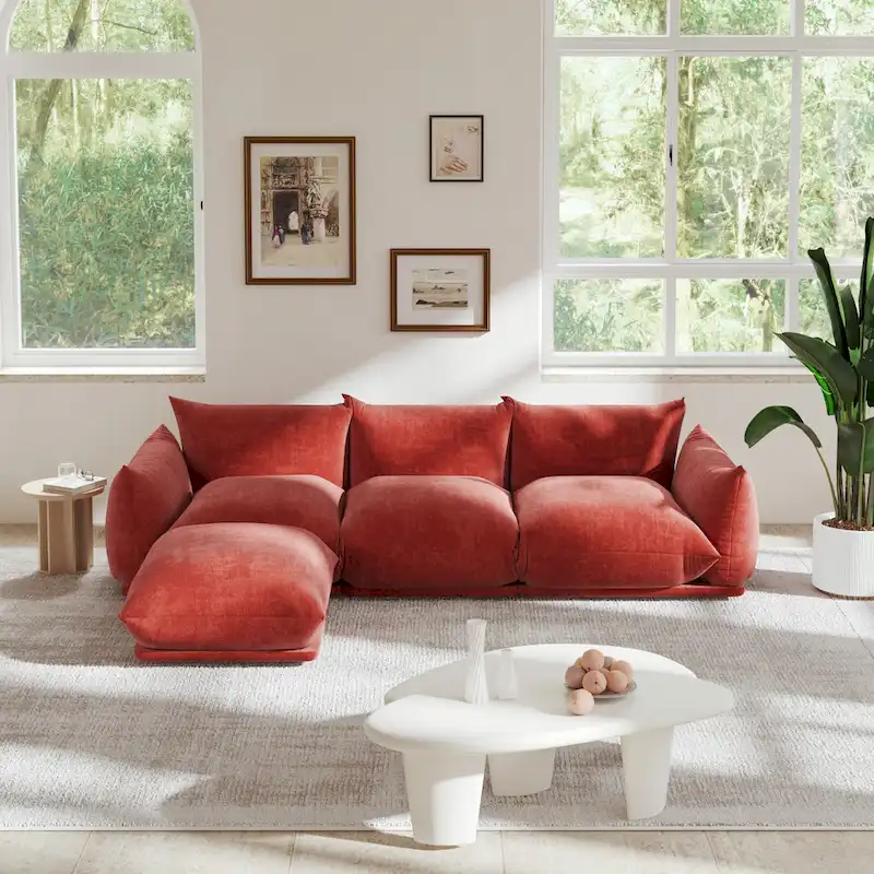 103.9  L-Shaped Sectional Sofa Chenille Fabric 3-Seat Couch with Ottoman