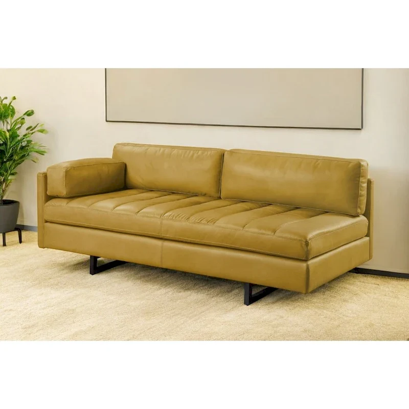 HomeRoots 74 Mustard Top Grain Leather Sofa With Black Legs - 74