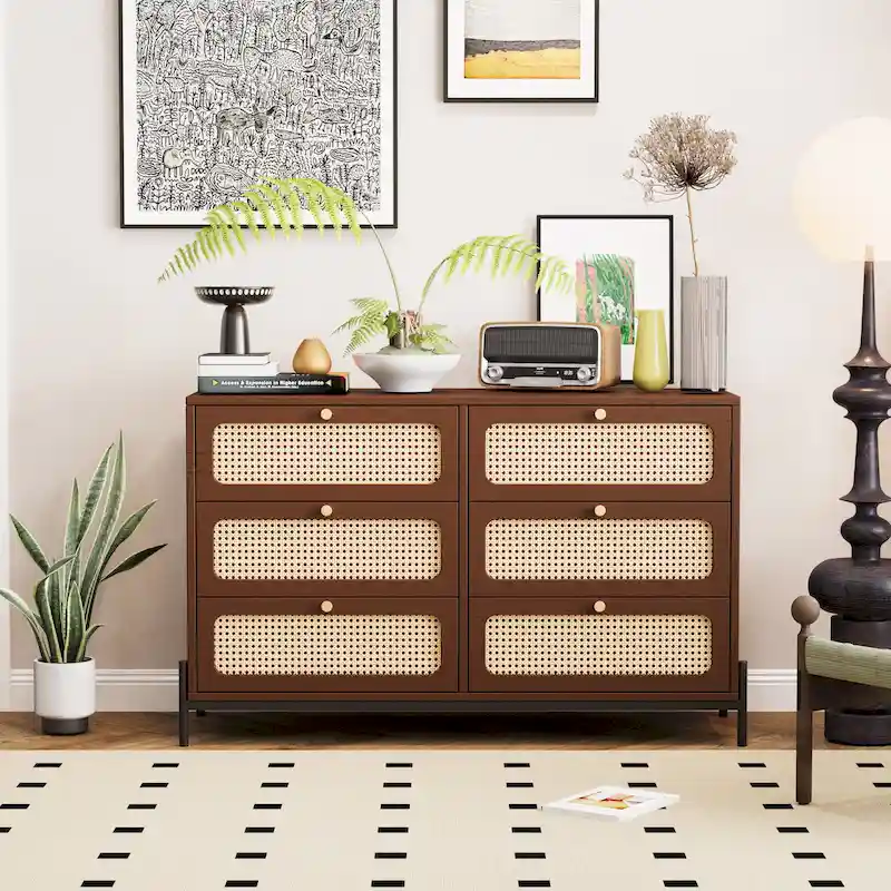 6-Drawer Rattan Wood Nightstand