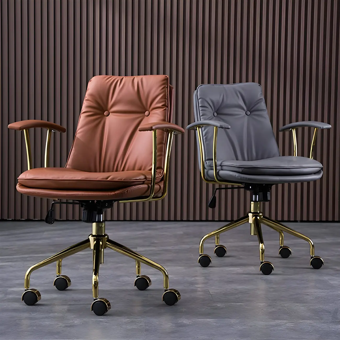 Gold Base Tufted Leather Adjustable Office Chair