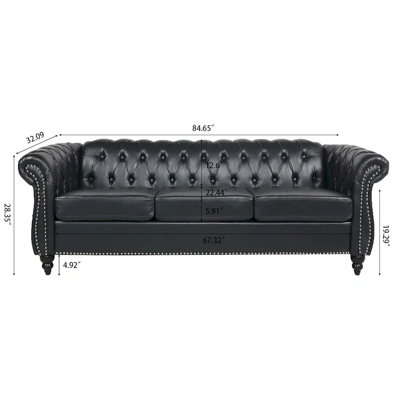 Faux Leather Rolled Arm Chesterfield Three Seater Sofa