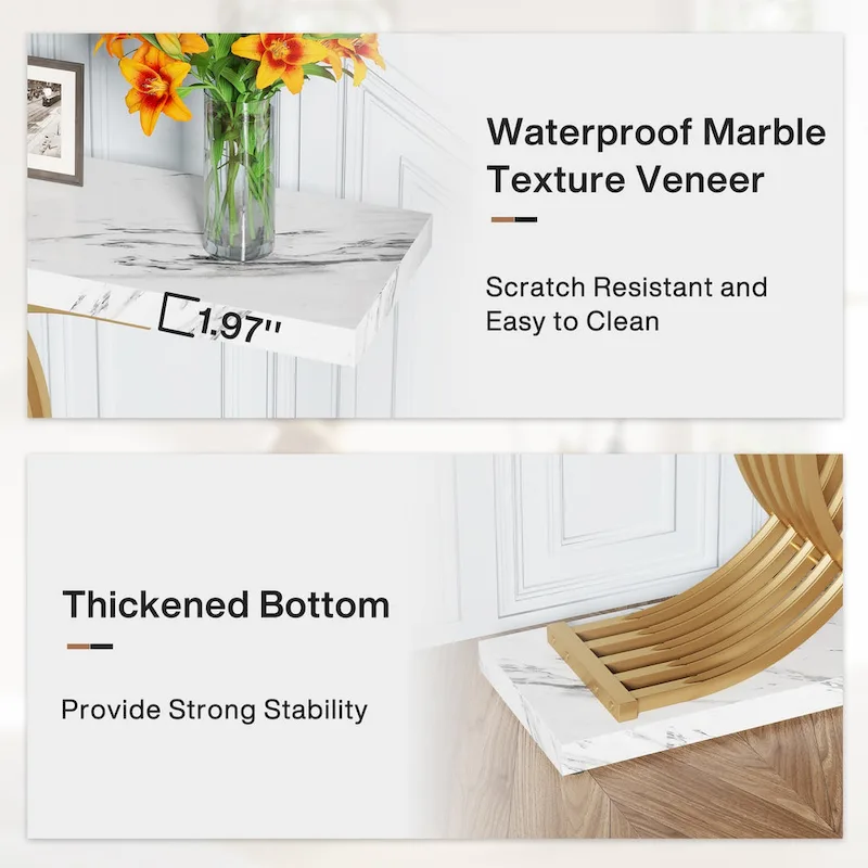 Black/ Gold Modern Sofa Table with Faux Marble Tabletop, 39 Inches Wood Foyer Table with Geometric Metal Legs for Entryway