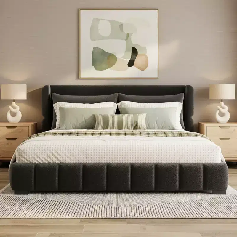 Upholstered Platform Bed with 2 Pillows, Black / White, Queen / King