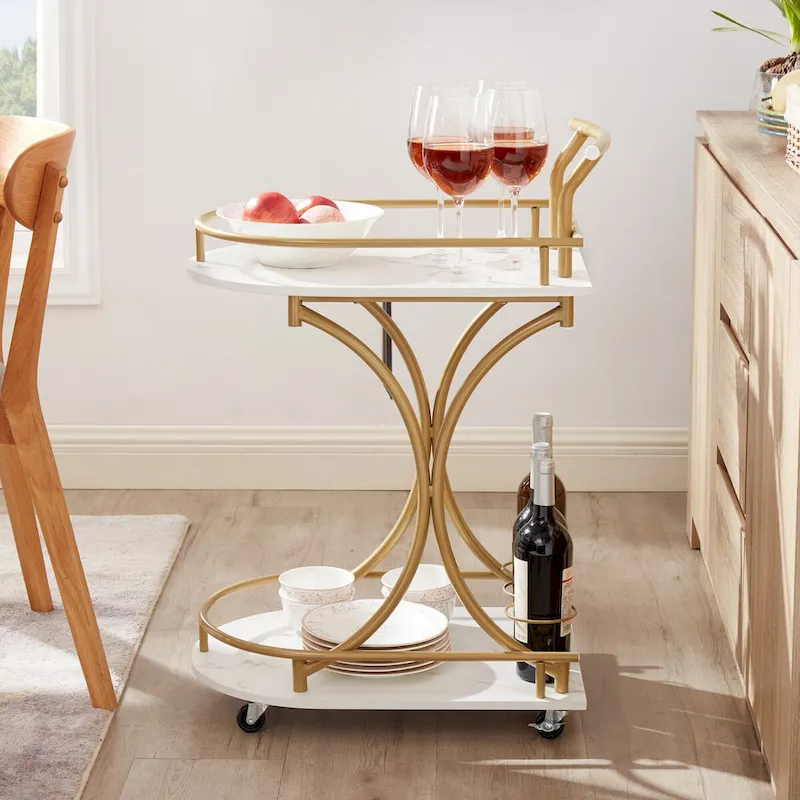 2-Tier Bar Cart on Wheels, Modern Mobile Bar Trolley Serving Cart with Wine Rack, White+Gold