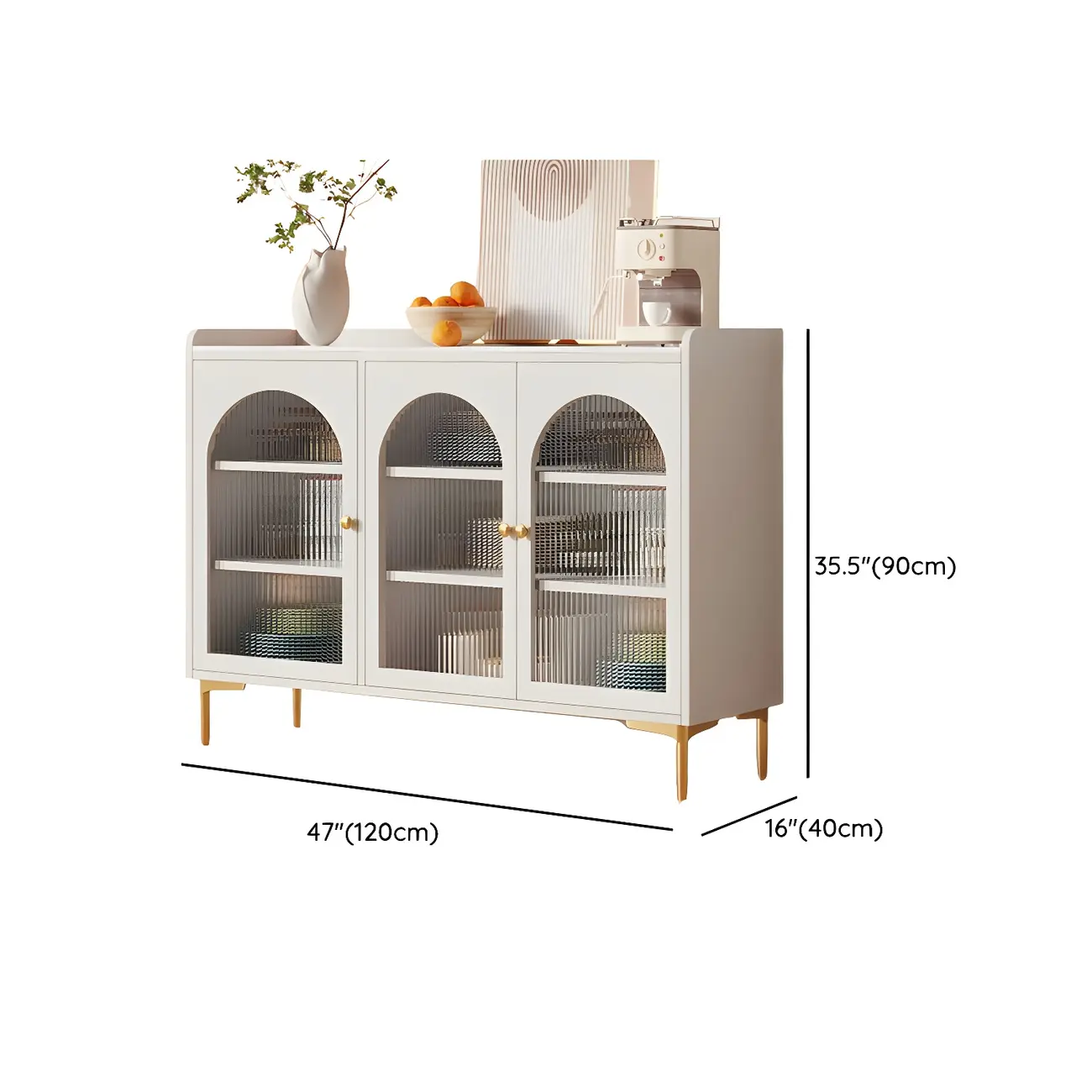 Glam White Wooden Buffet Table with Drawers & Shelves