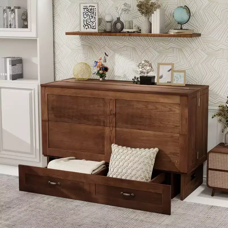Keloyid Haimyy Solid Wood Frame Queen Murphy Bed Chest with Built-in Charger and Strong Drawer