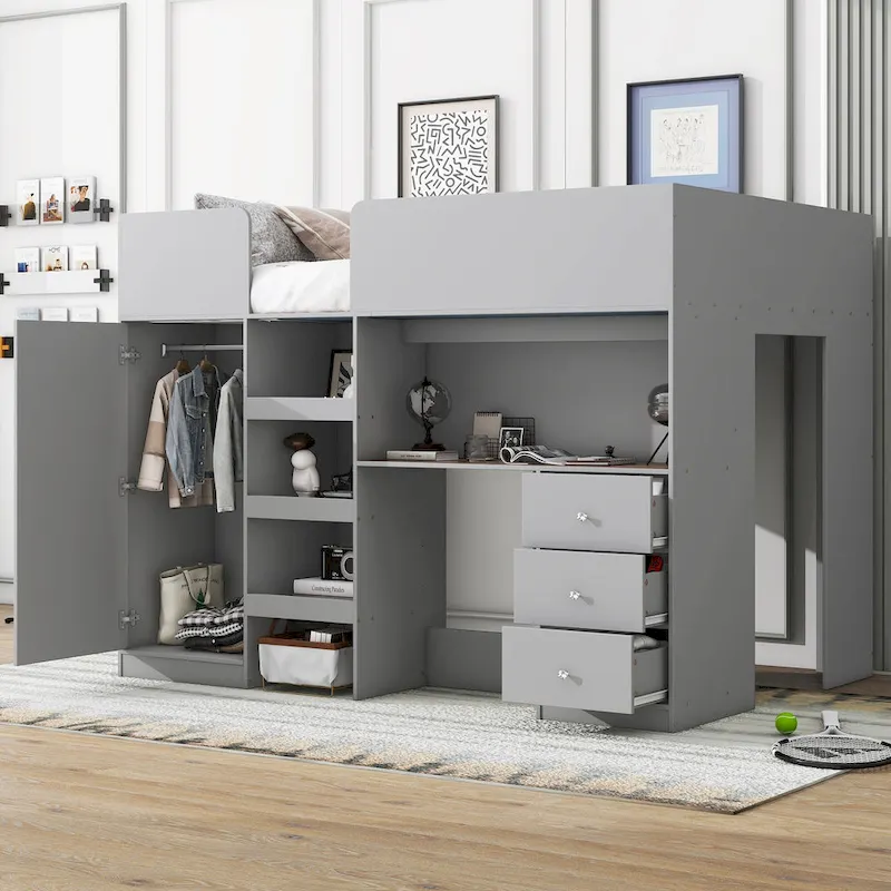 Grey Full Size Solid Wood Loft Bed with Wardrobe, Desk, and Shelves