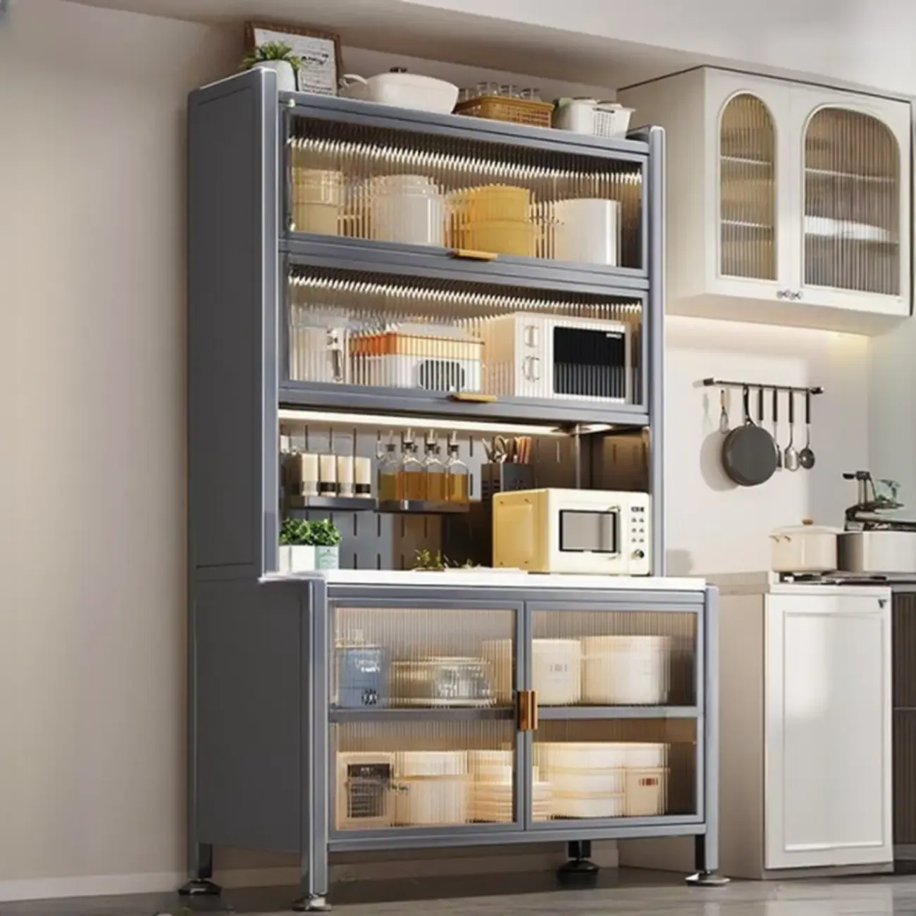 Modern Metal Buffet with Stone Countertop Narrow Design