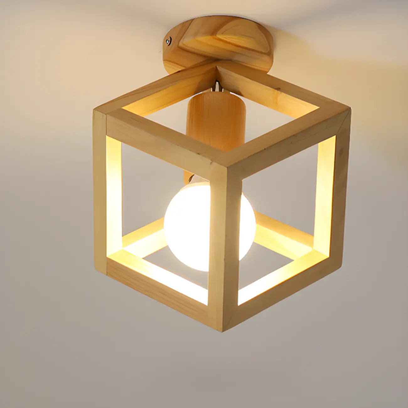 Natural Rubber Wood Cube Shade Semi Flush Ceiling Light
