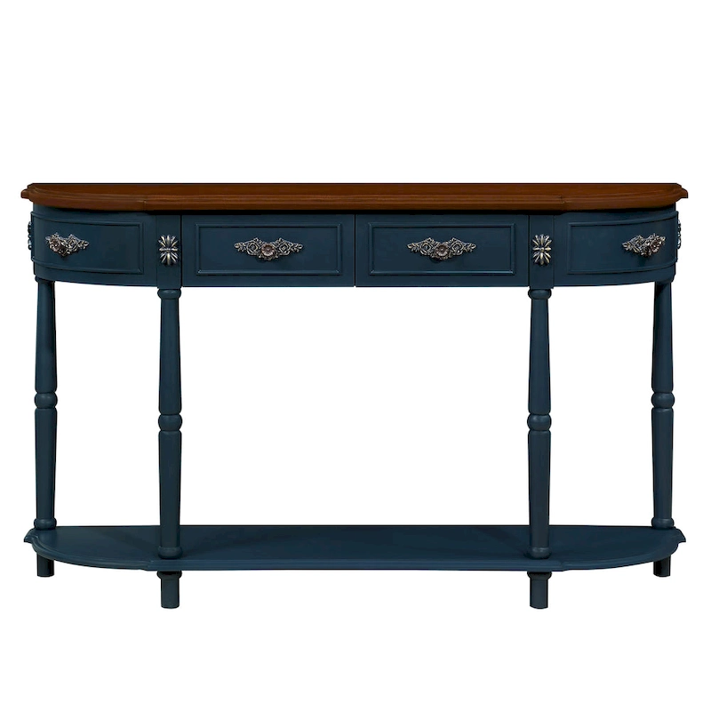 52 inch Circular Half Moon Sofa Table with Open Shelf and 2 Drawers