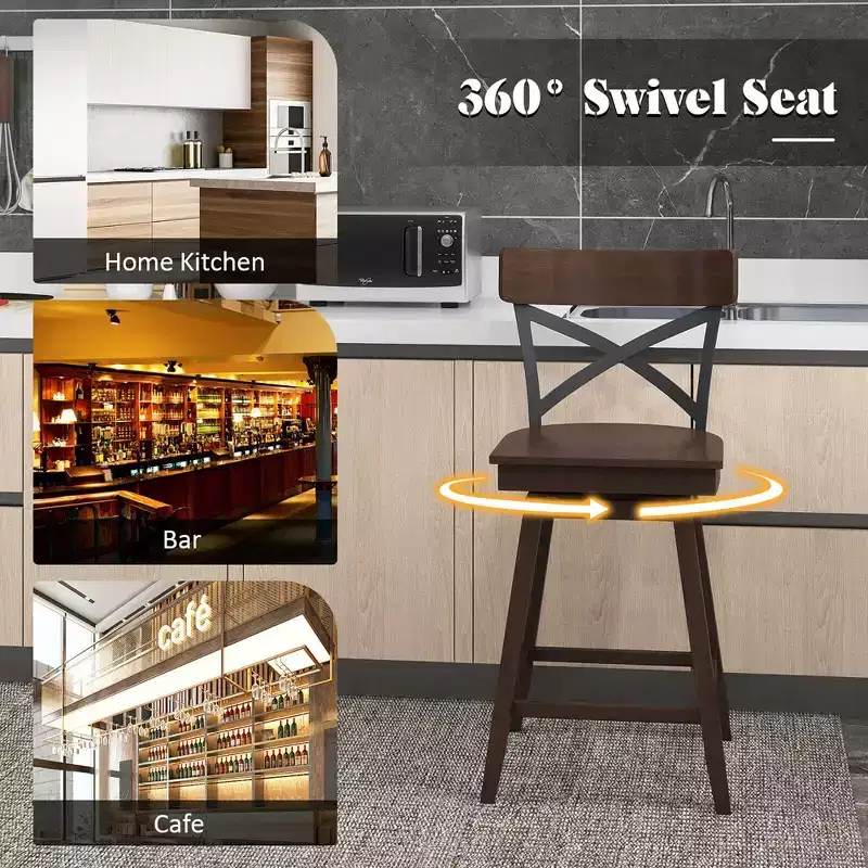 Costway Set of 4 Wooden Swivel Bar Stools Counter Height Kitchen Chairs w/ Back Brown