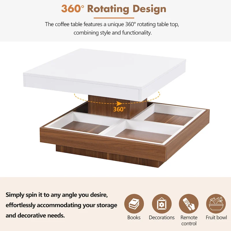 Modern 2-Tier Square 360Rotating Coffee Table with 3 Detachable Tray