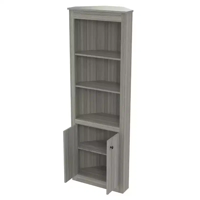 70.02" Corner Bookshelf Gray - Inval: Modern Smoke Oak, 3 Shelves, Double Door Storage