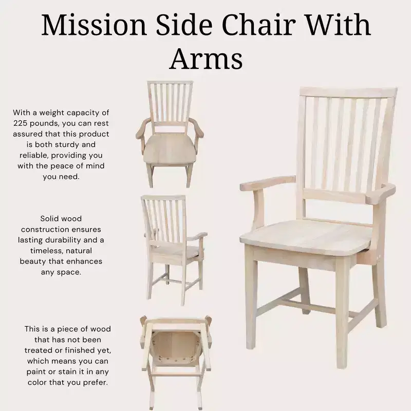 Mission Side Chair with Arms Unfinished - International Concepts: Solid Wood, Slat Back, Kitchen Furniture