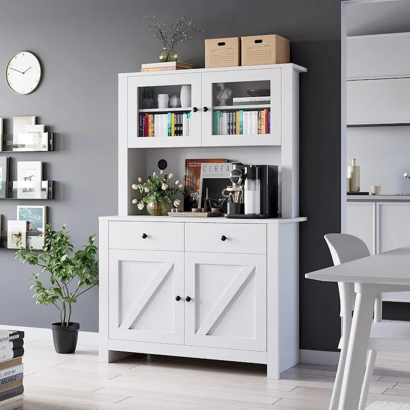 White / Grey / Black Farmhouse Kitchen Pantry Cabinet with Microwave Stand – Single Unit