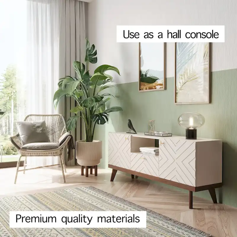 Living Skog Alba Beige TV Stand Console with Drawer Fits TV's up to 65 in. with Wood Legs Mid Century Modern Design