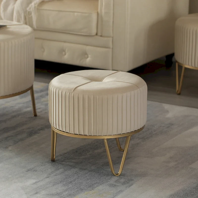 Round Velvet Ottoman Stool Raised with Hairpin Gold Base