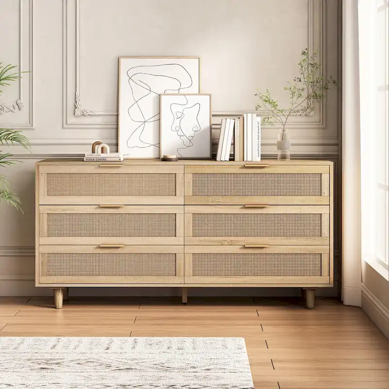 6-Drawer Rattan Dresser – Natural / Black, Single