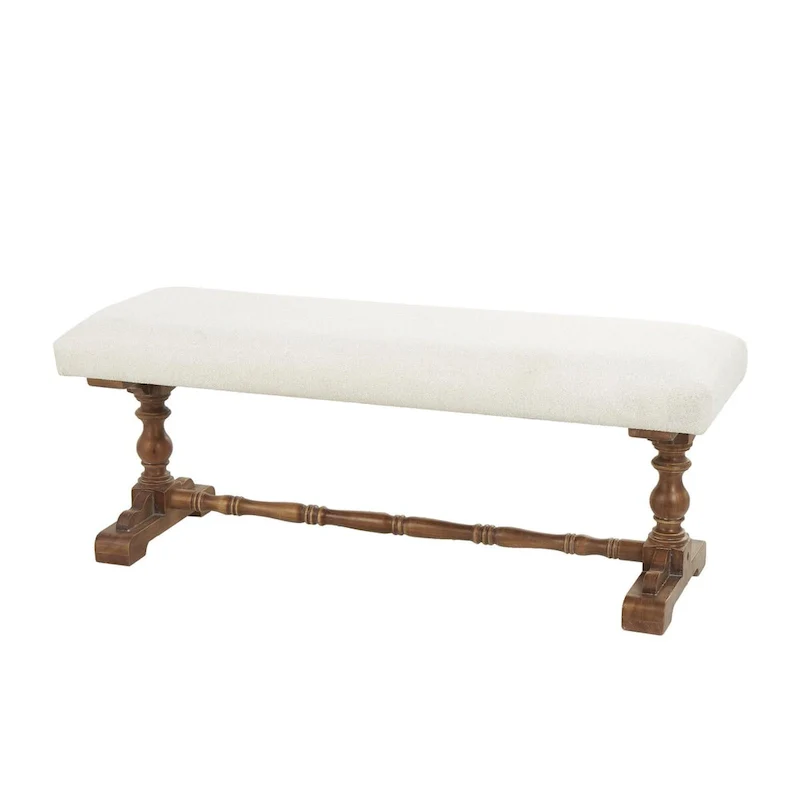 Cream Fabric Bench with Brown Turned Legs - Seats 2
