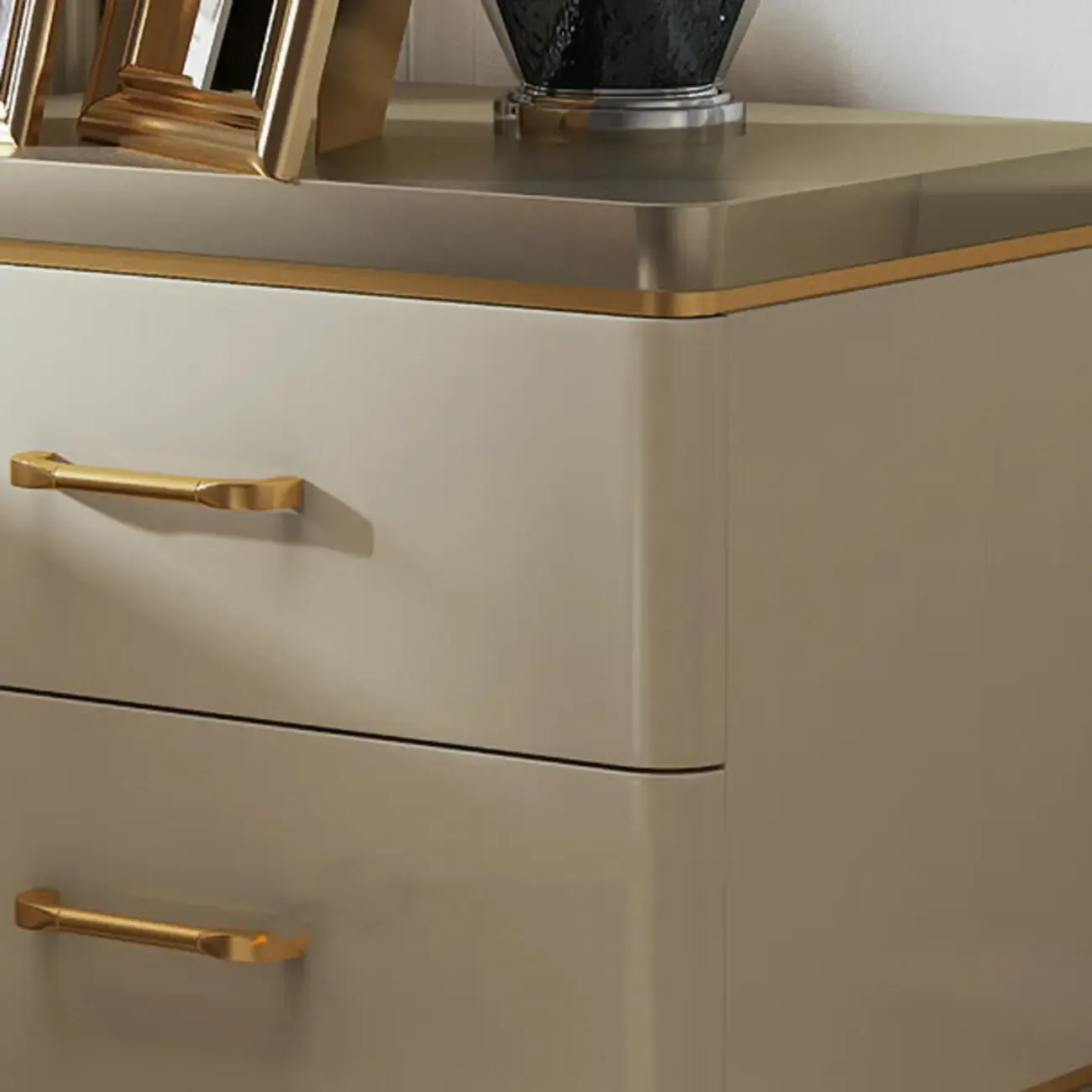 Glam Gold White Metallic Top 2-Drawer Nightstand