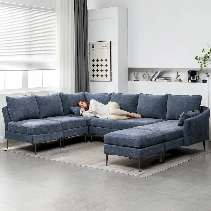 EROMMY U Shaped 6-seat Sectional Sofa Couch, Reversible Sleeper in Modern Chenille Design, with Chaise Lounge and Ottoman