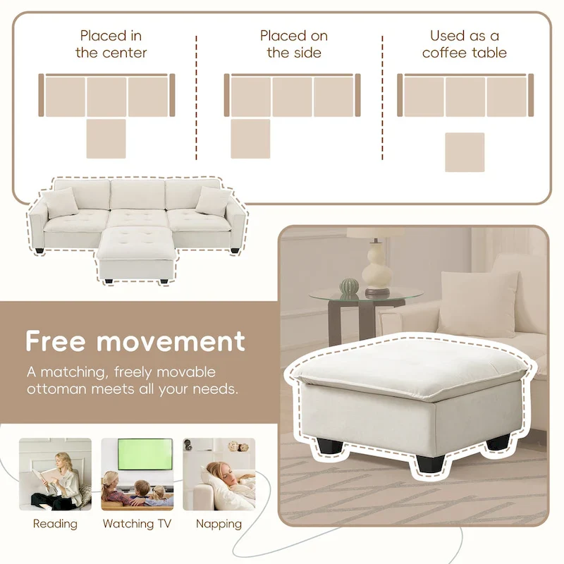 100 L-Shaped Convertible 4 Seater Sectional Sofa with Removable Ottoman and Matching Pillows, Suede Velvet Upholstery