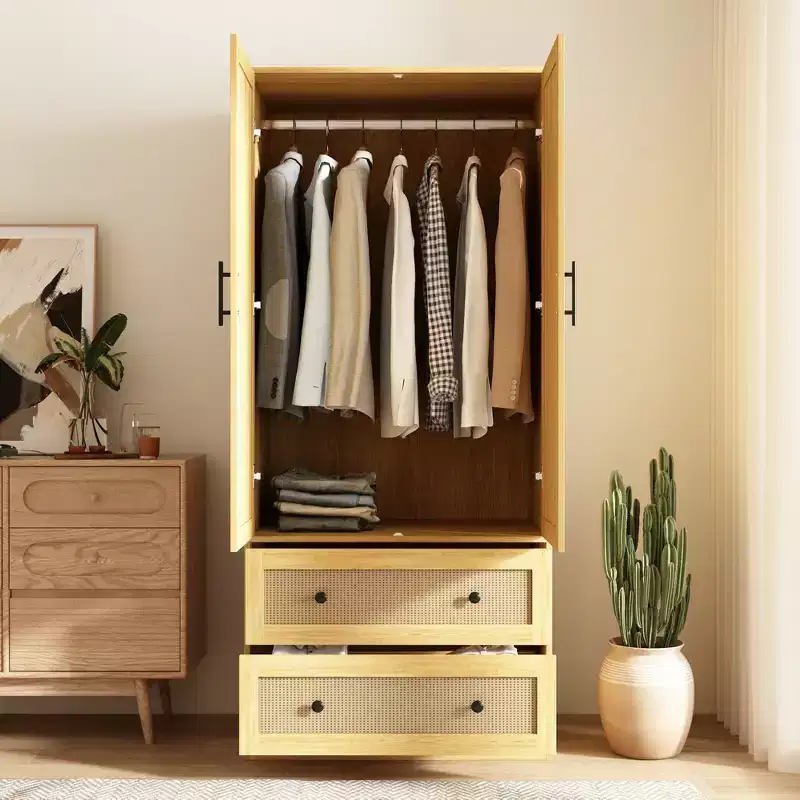 Hitow Light Wood Rattan Accent Wardrobe: 2-Drawer Storage + Smooth Hinges for Bedroom Clothing Organization