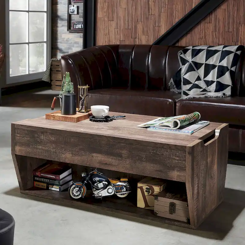 DH BASIC Rustic Oak Lift-Top 42 Storage Coffee Table by Denhour