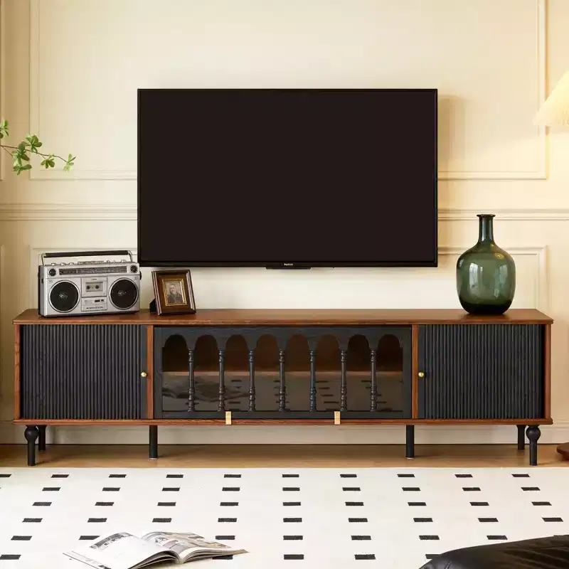 78.74 Mid Century Modern TV Stand for 85 Inch Screens Media Console with Arched Acrylic Doors Storage Cabinet Black Walnut Gaoyangjiaju
