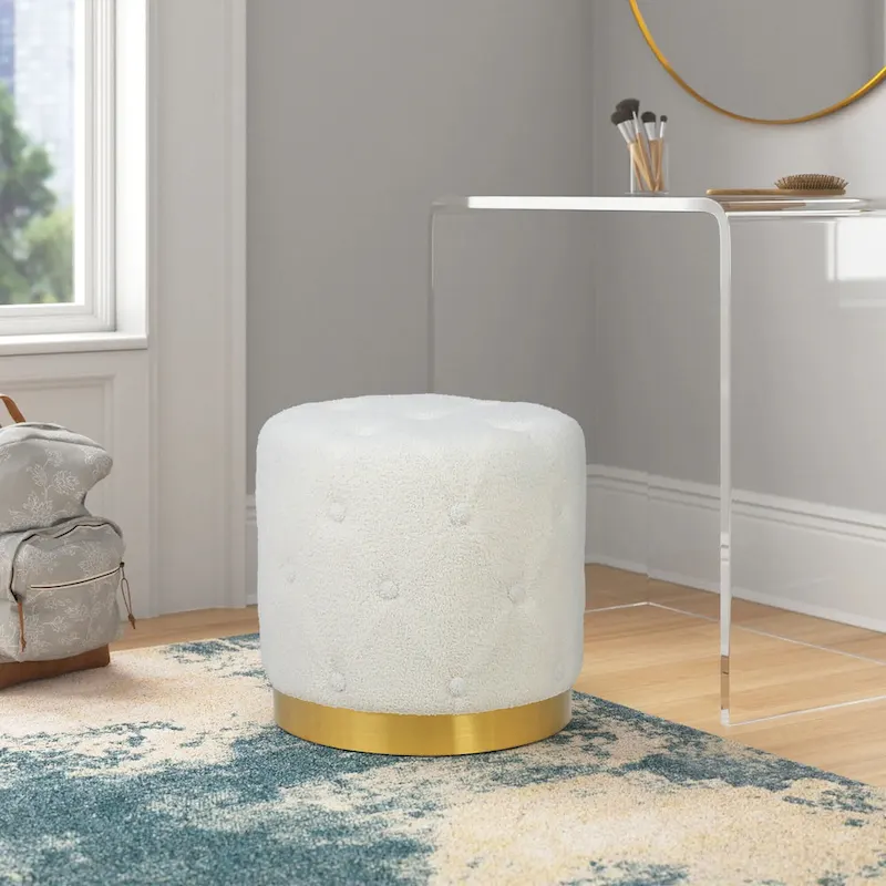 Adeco Round Velvet Ottoman Vanity Footrest Stool Gold Plating Base
